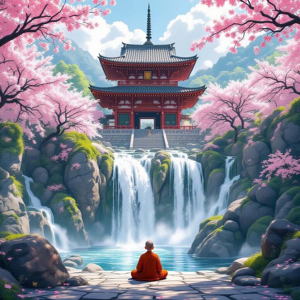 Zen Japanese Temple Waterfall Scene in Anime Style