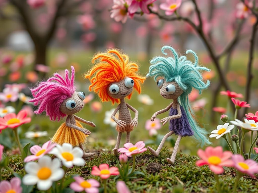 Whimsical Creatures in Spring Park, Folk Art Style