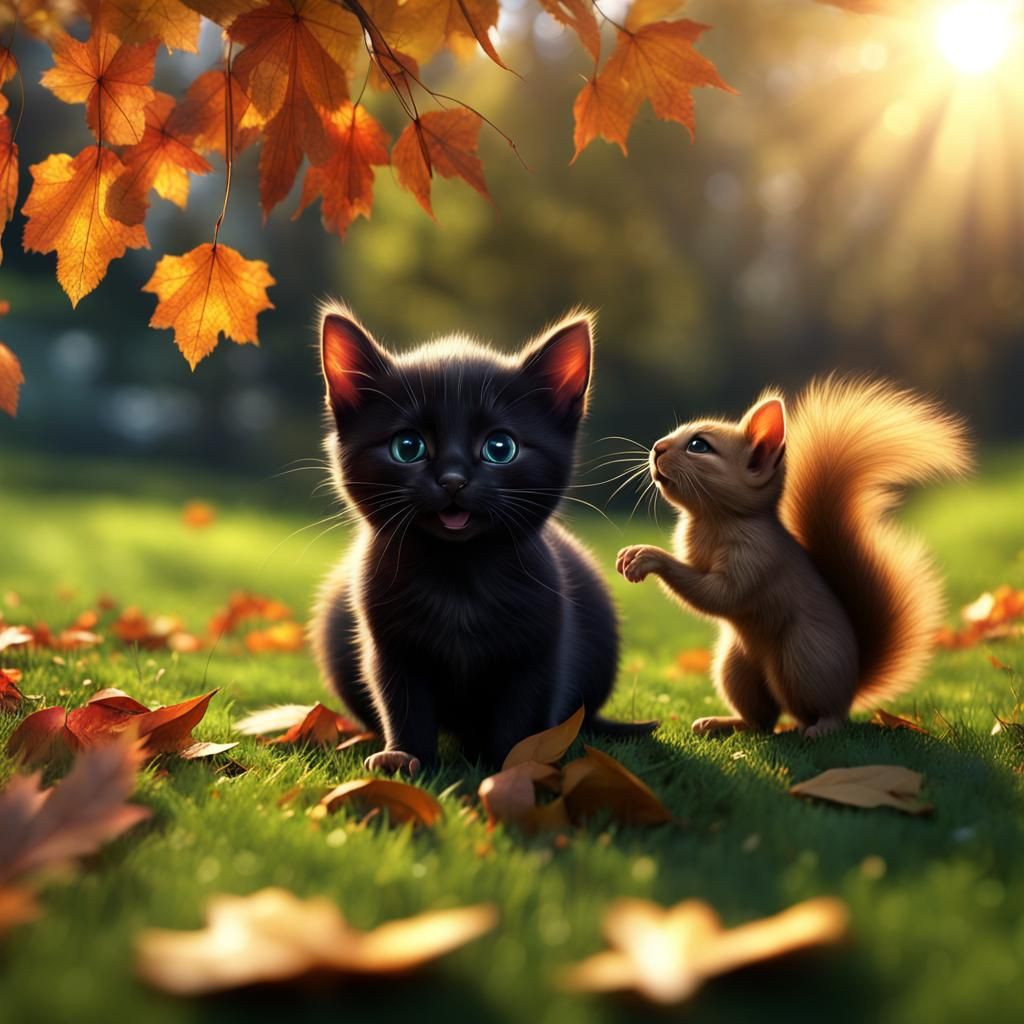 Kitten and Squirrel Playing in Autumn Leaves