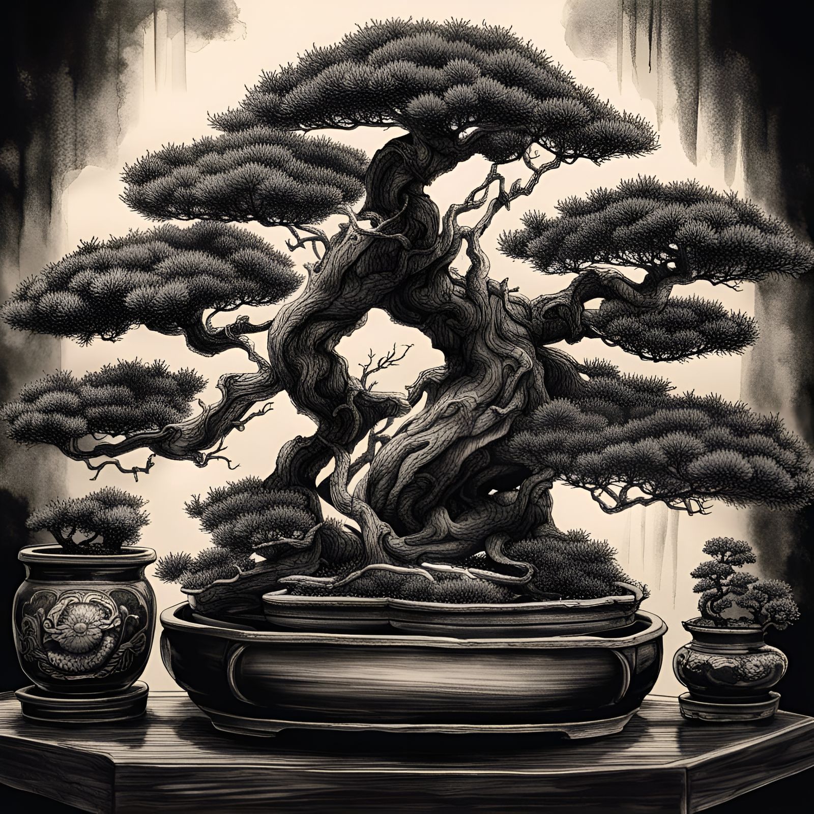 Spectacular Bonsai Artwork in Black Ink