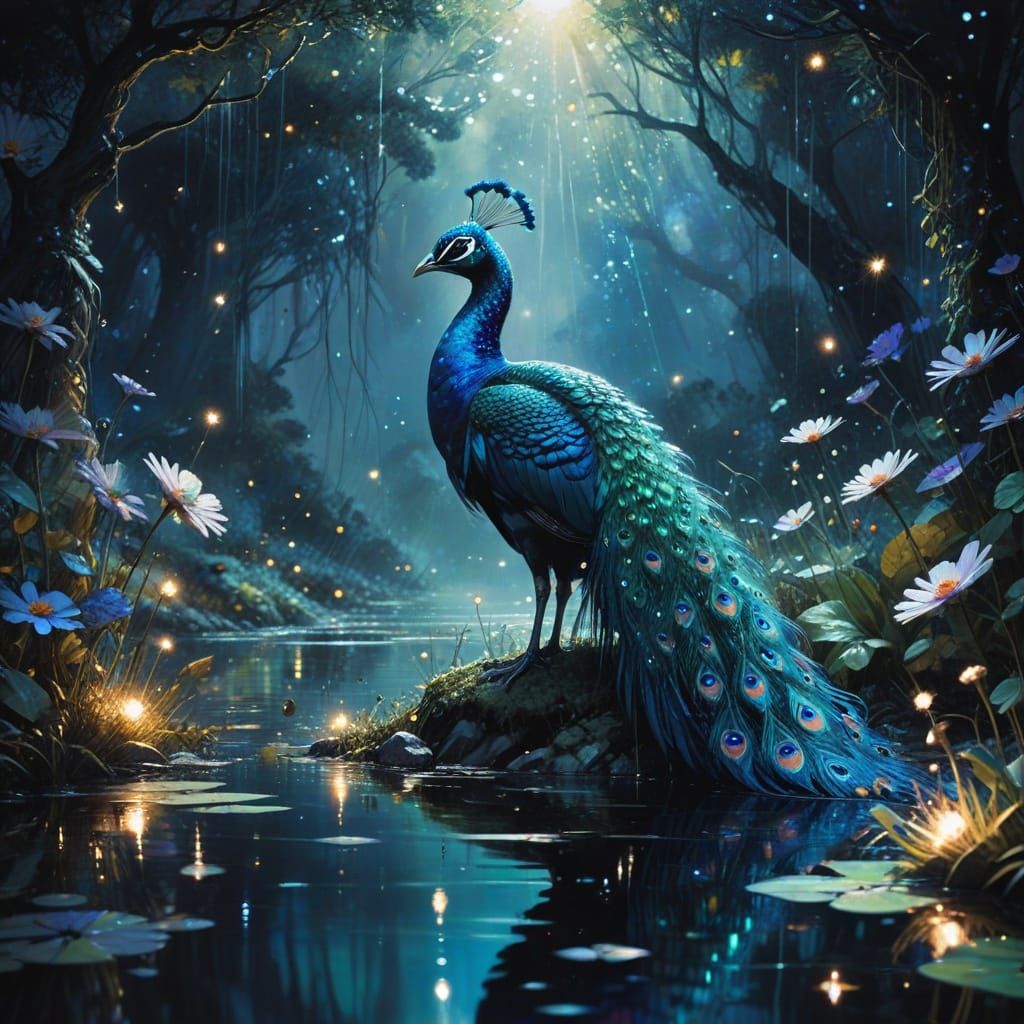 Peacock in Starry Glade: Dark Anime Fantasy
