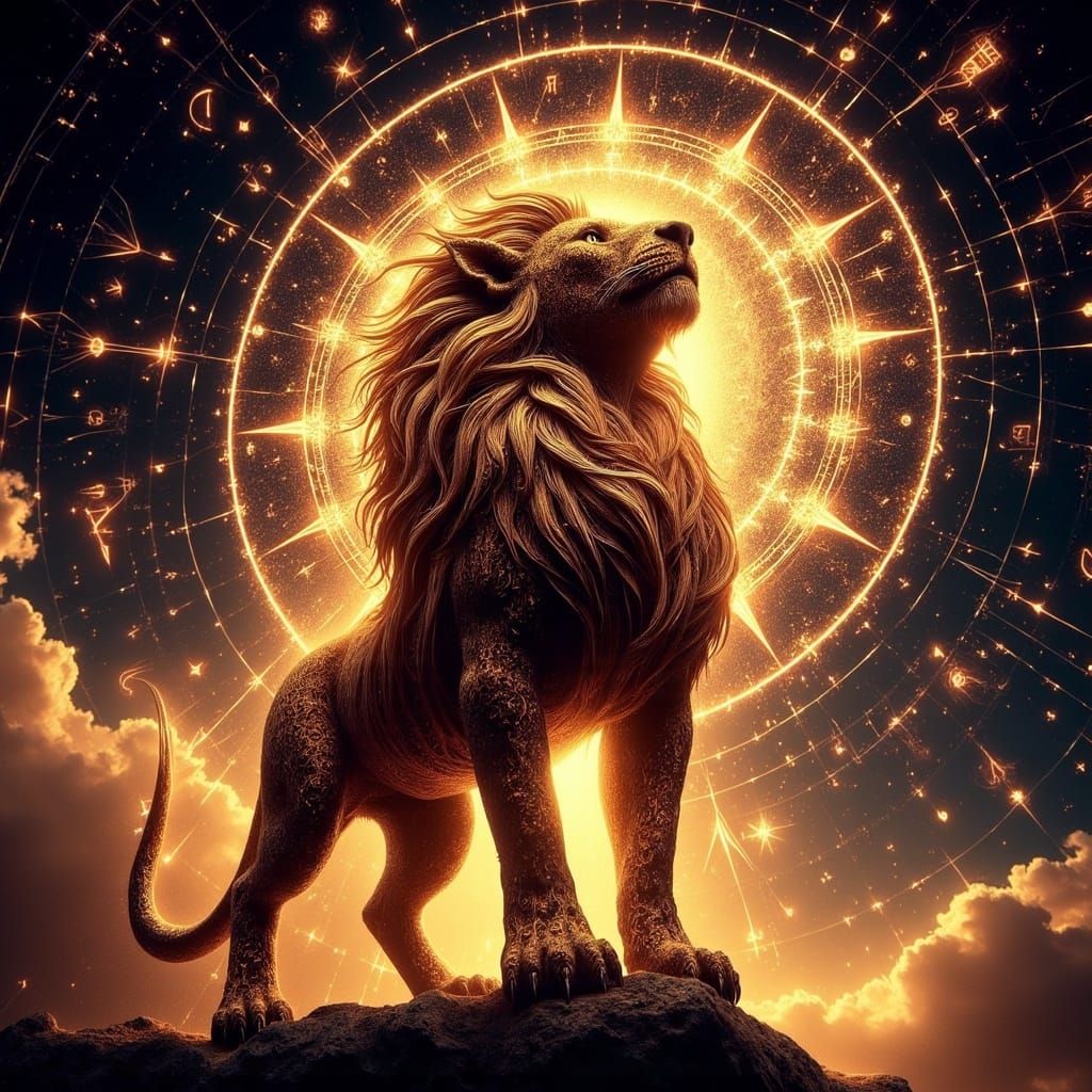 Majestic Gold Engraving of the Leo Constellation with a Cele...