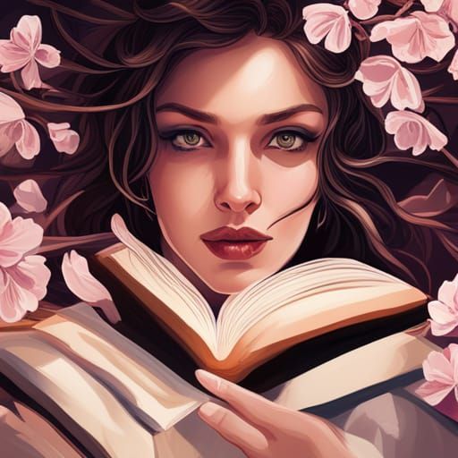 Girl Reading Under Cherry Blossom Tree, Art Nouveau Style