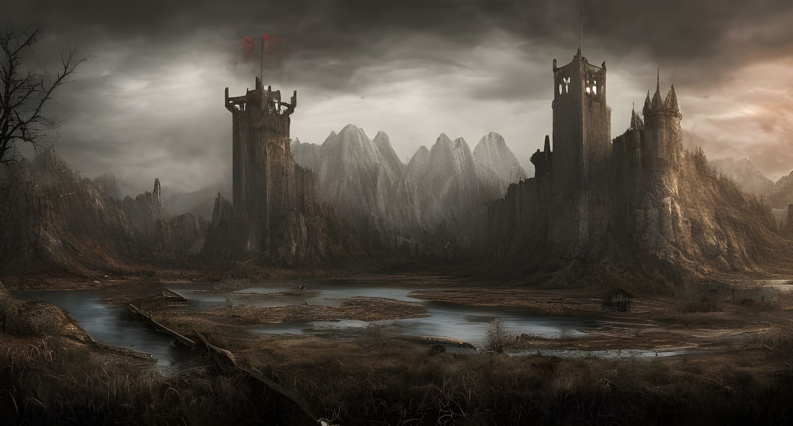 Dark Post-Apocalyptic Medieval Landscape in Hyper-Realistic...