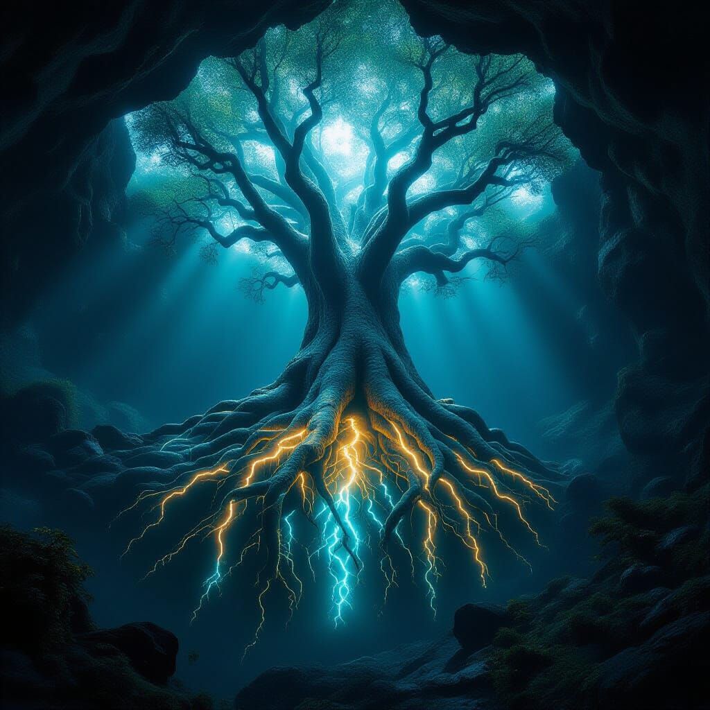 Bioluminescent Upside-Down Tree in Cave