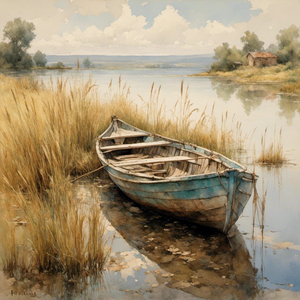 Solitary Rowboat on Lake Shore