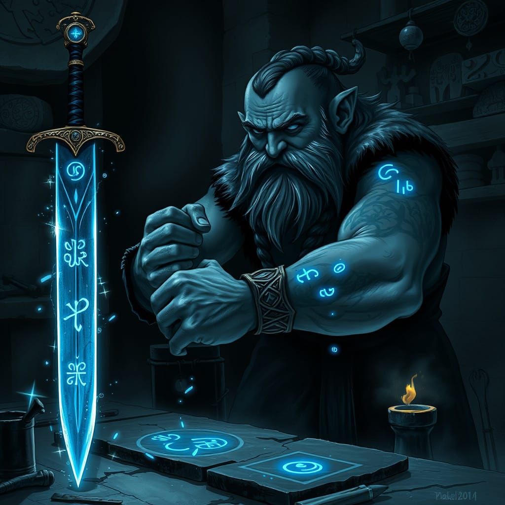 Dark Dwarven Rune Workshop in Haunting High-Fantasy Style