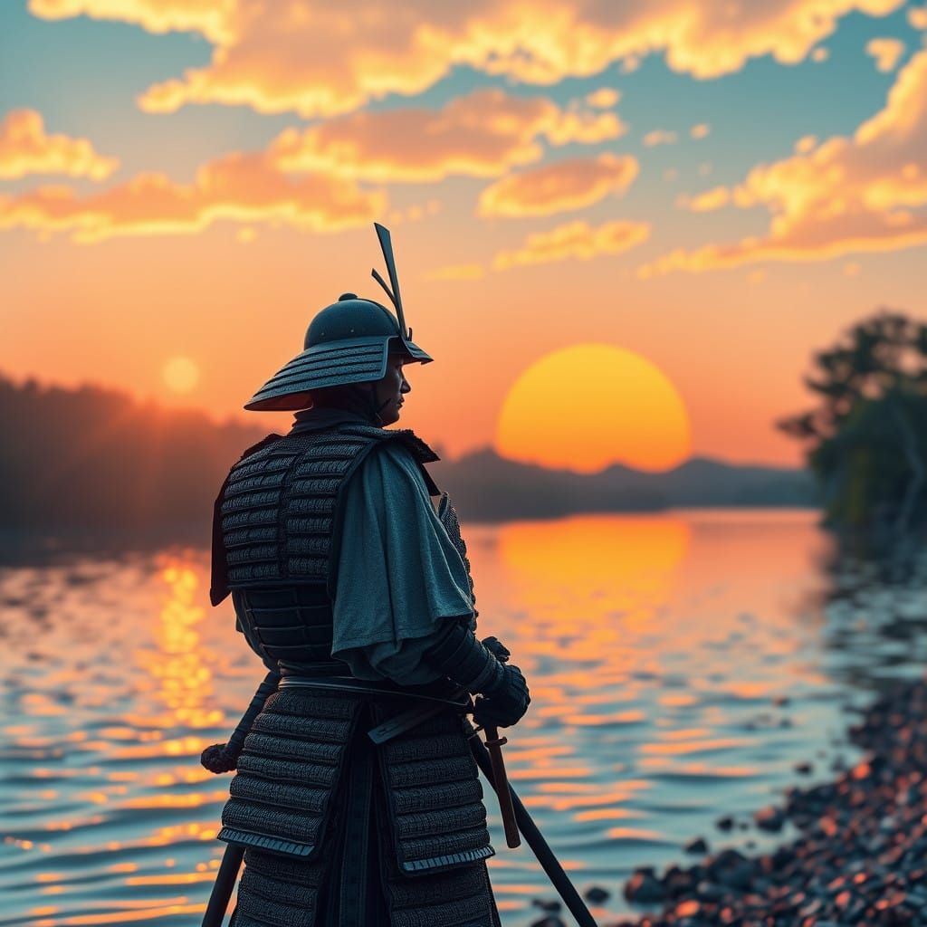 Traditional Japanese Samurai in Light Armor at Dawn