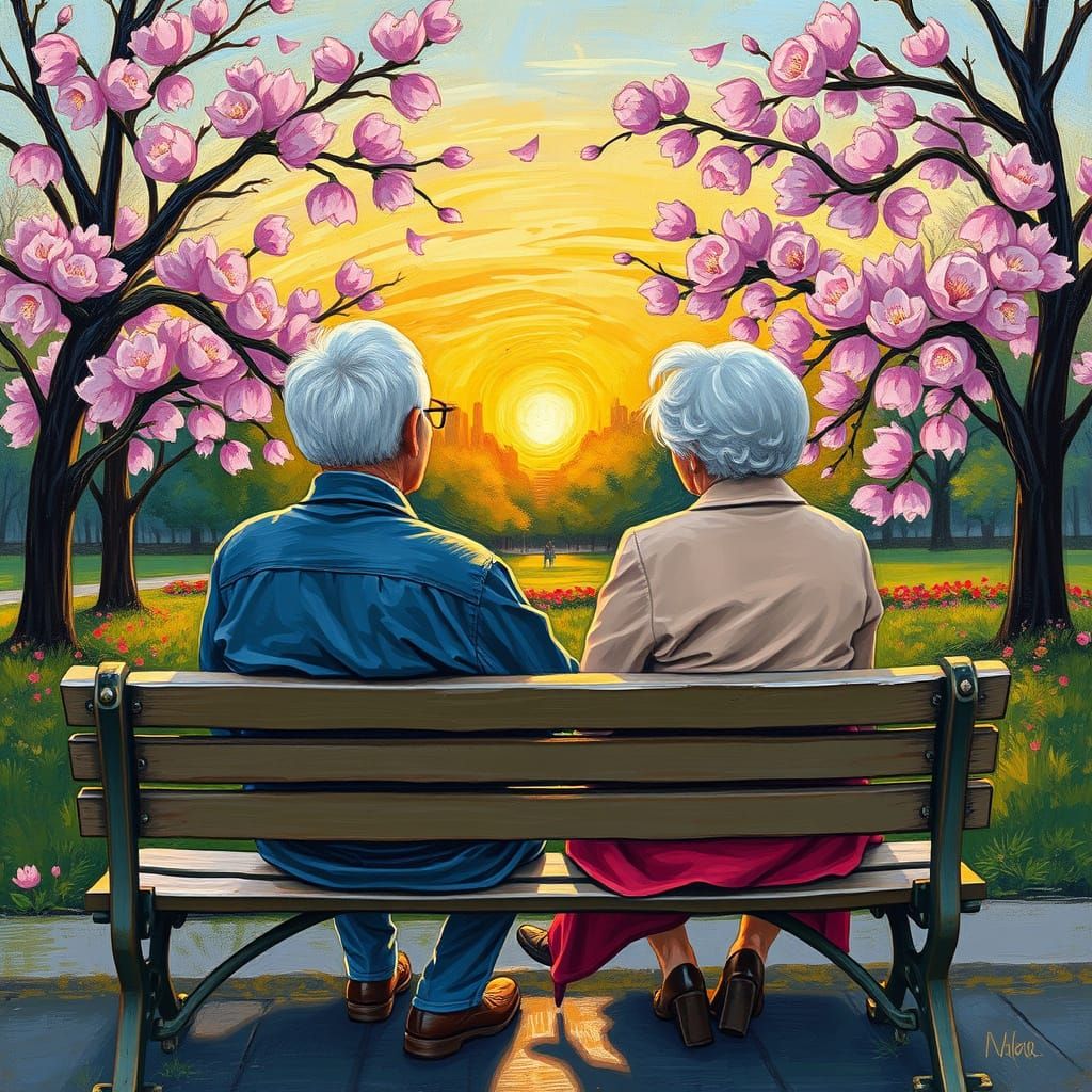 Elderly Couple Basks in Sunset Serenity in Central Park