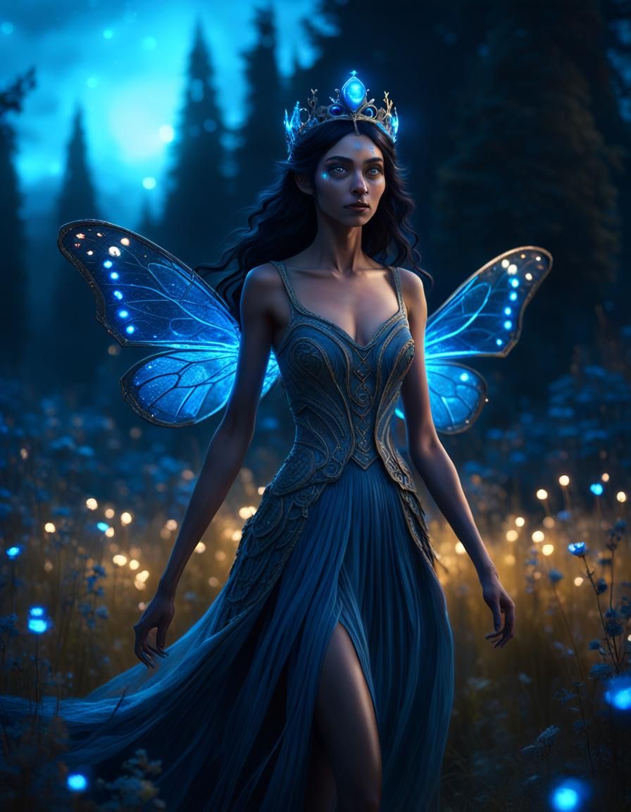 Dark Fantasy Girl in Blue Light Meadow
