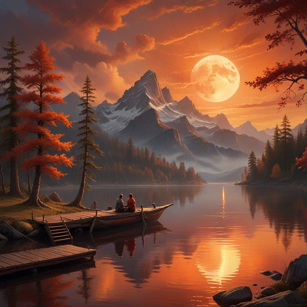 Majestic Moonrise Over Golden Lake with Sailboat and Pines