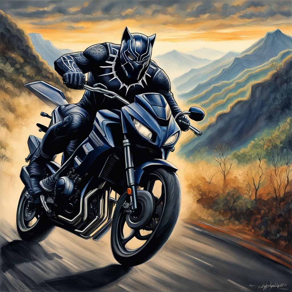 Black Panther Rides Motorbike in Wakanda, Charcoal Art
