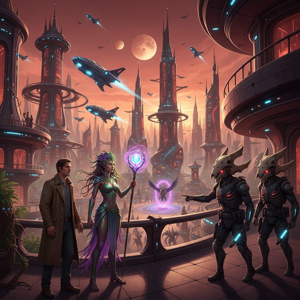 Sci-Fi Scene: Martian Aliens, Futuristic City, and Magic