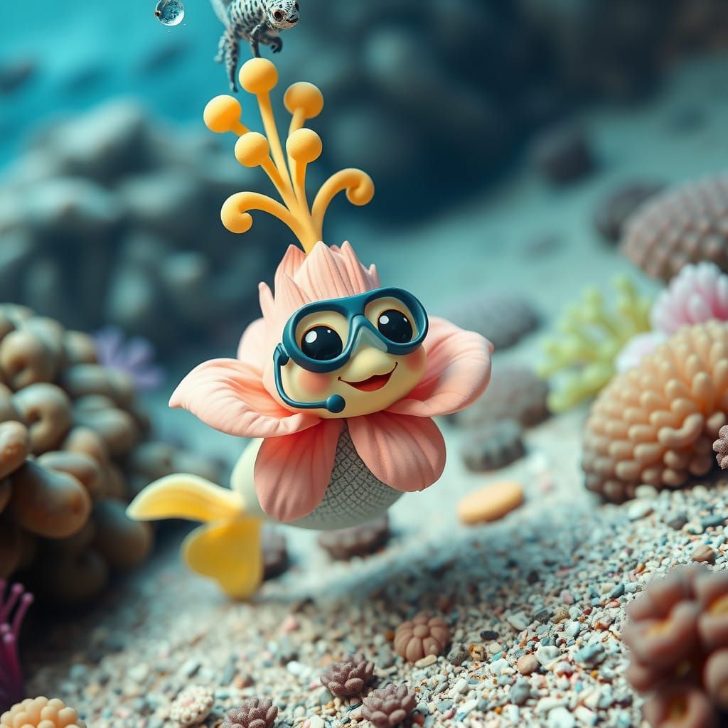 Charming Floral Explorer Searches for Mermaids Underwater