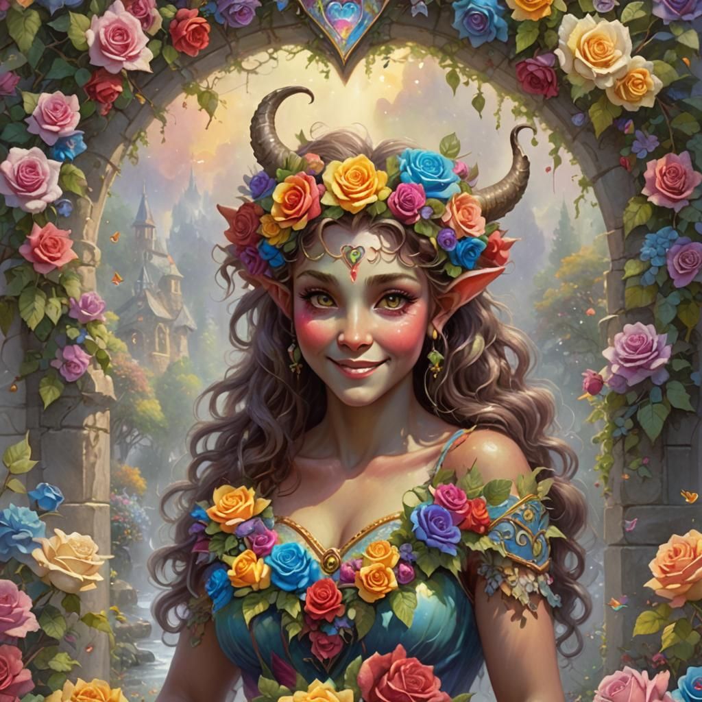 Rainbow Satyr Under Rose Arch in Ethereal Style