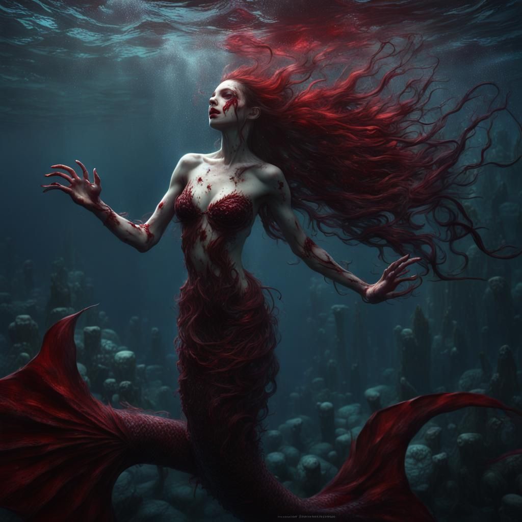 Enigmatic Underwater Vampire Mermaid in Deep Color
