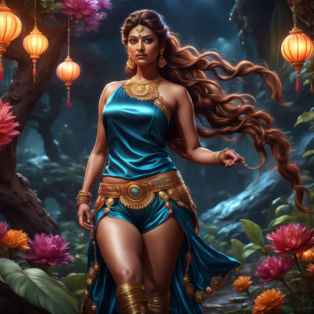 Curvy Indian Goddess in Satin Bloomers: Detailed Digital Art