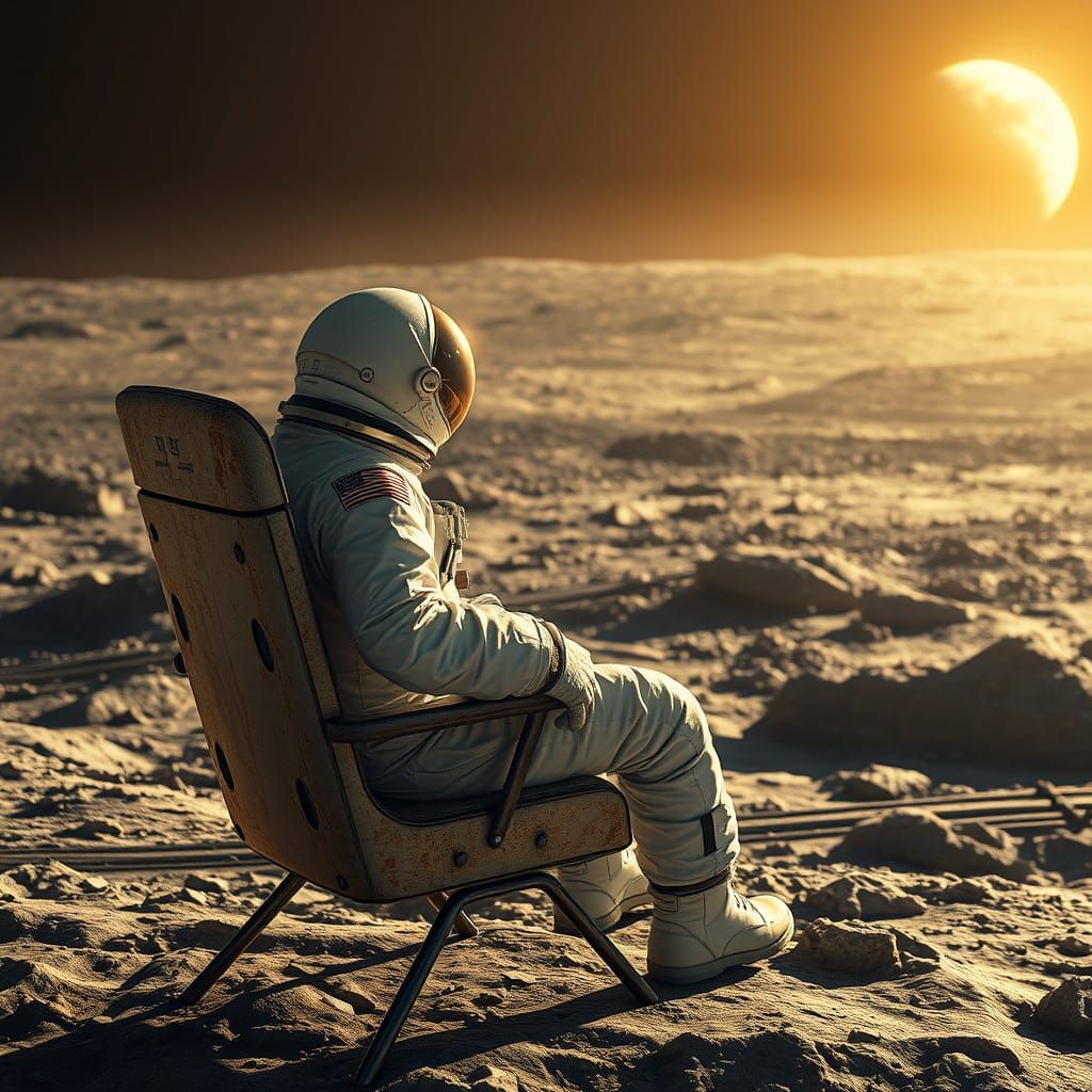 Astronaut Contemplates Moon Landscape in Metallic Chair
