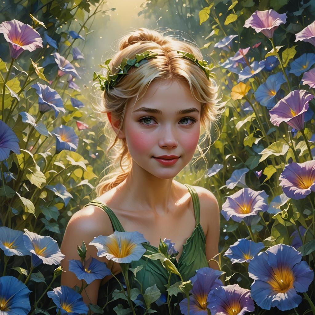 Beautiful Fairy in Morning Glory Field: Gouache and Watercol...