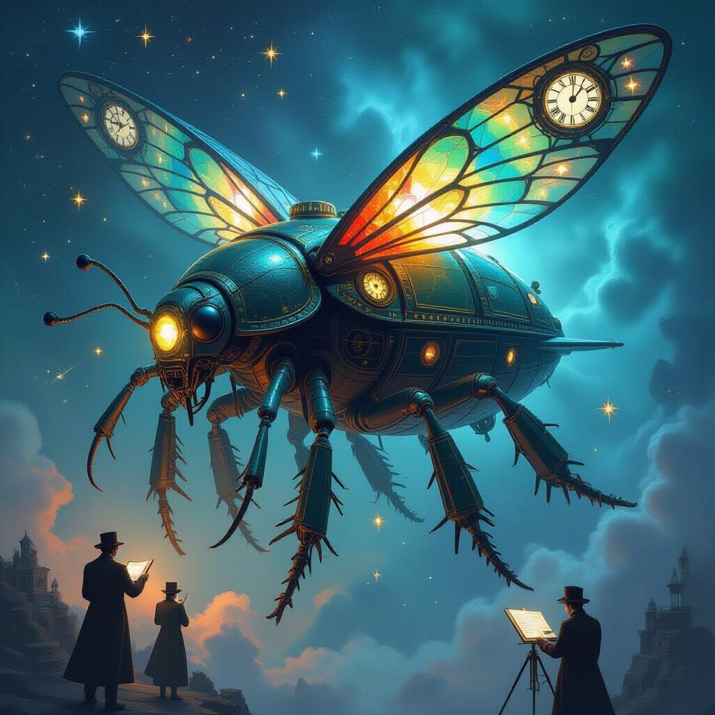 Bioluminescent Scarab Beetle Airship in Nebula