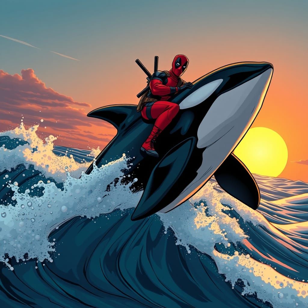 Deadpool Riding an Orca in the Pacific Ocean in Comic Book S...