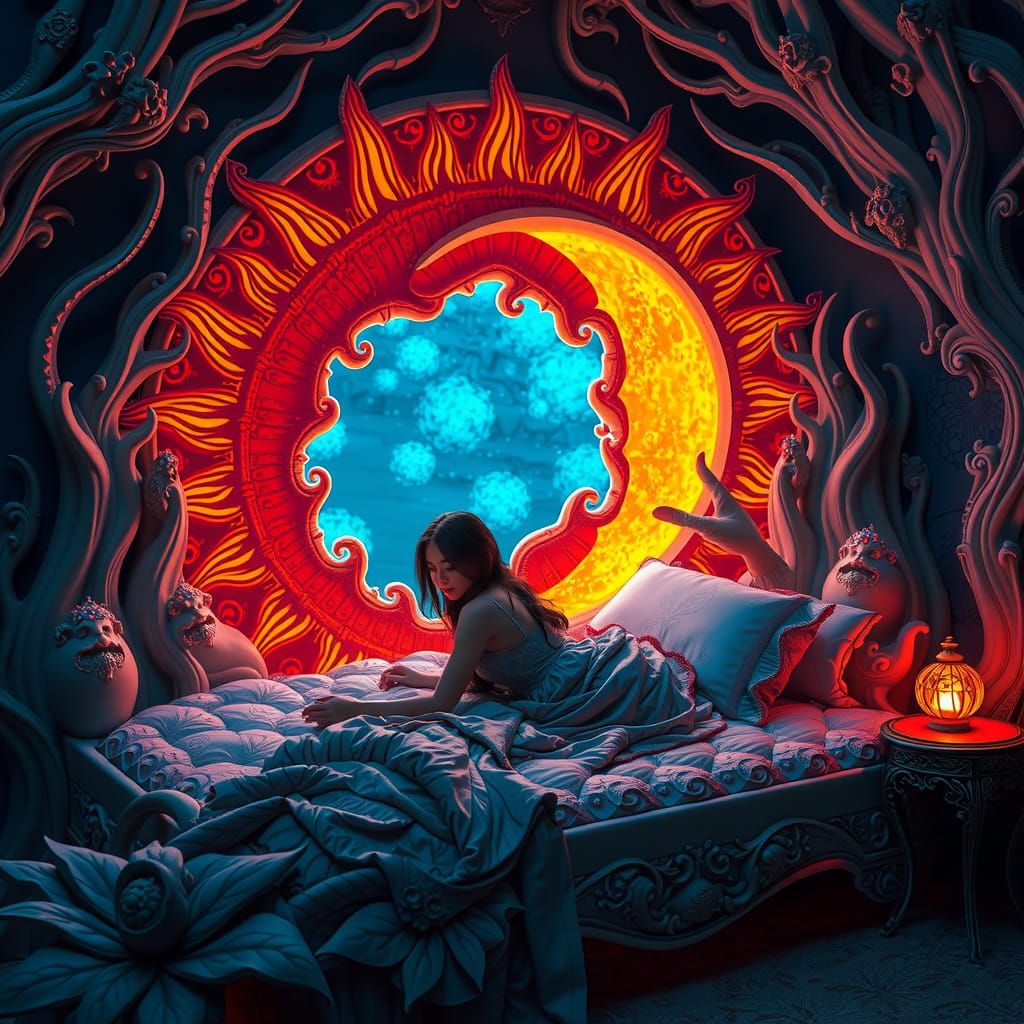 Surreal Sun and Moon Bed in Dreamlike Style