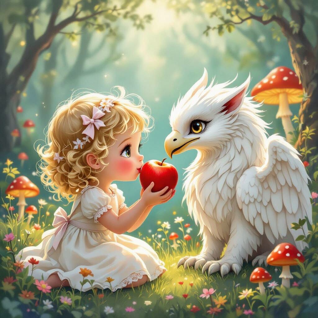 Innocent Girl Feeds Apple to Gryphon in Fairytale Land