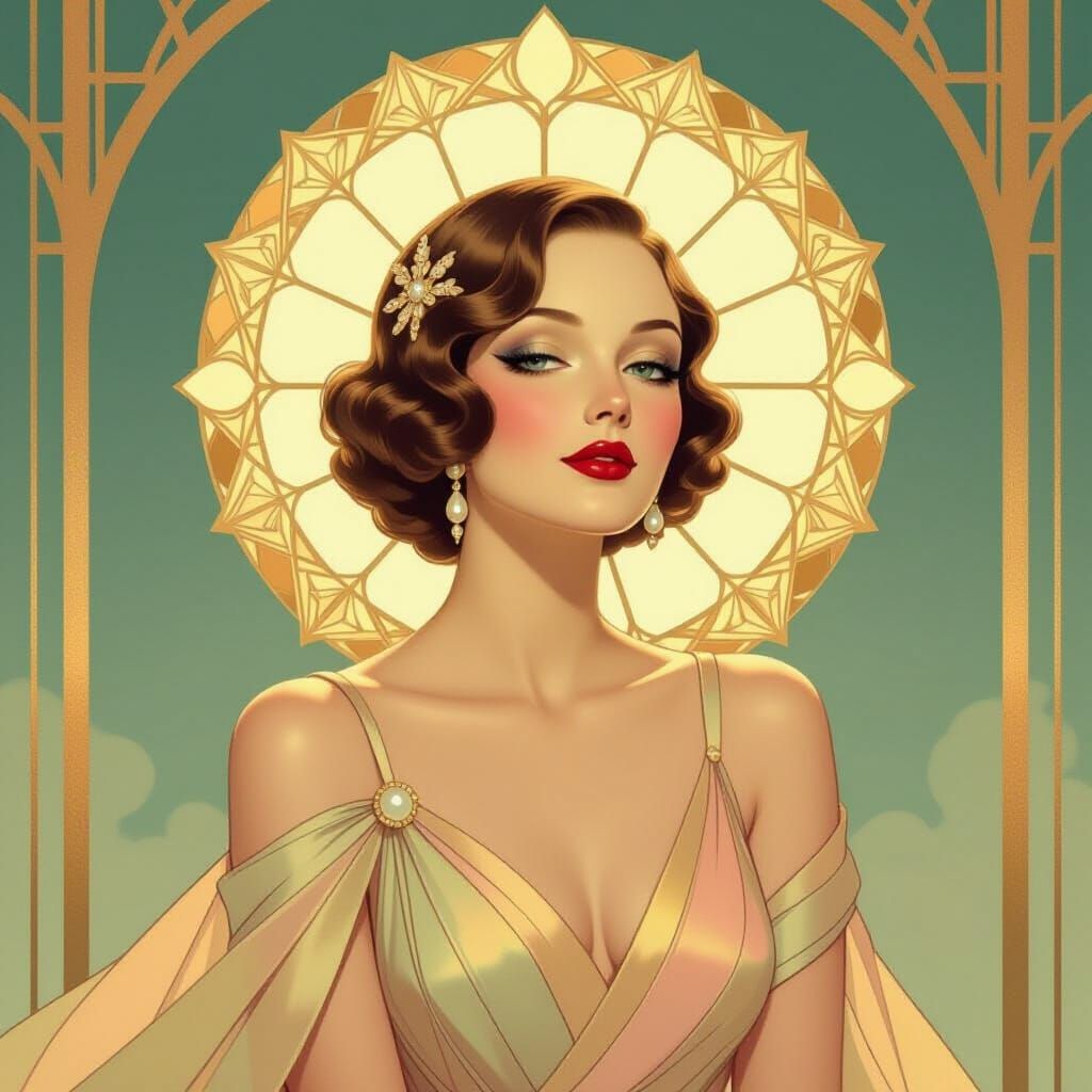 Art Deco Woman with Opal Glow and Geometric Halo