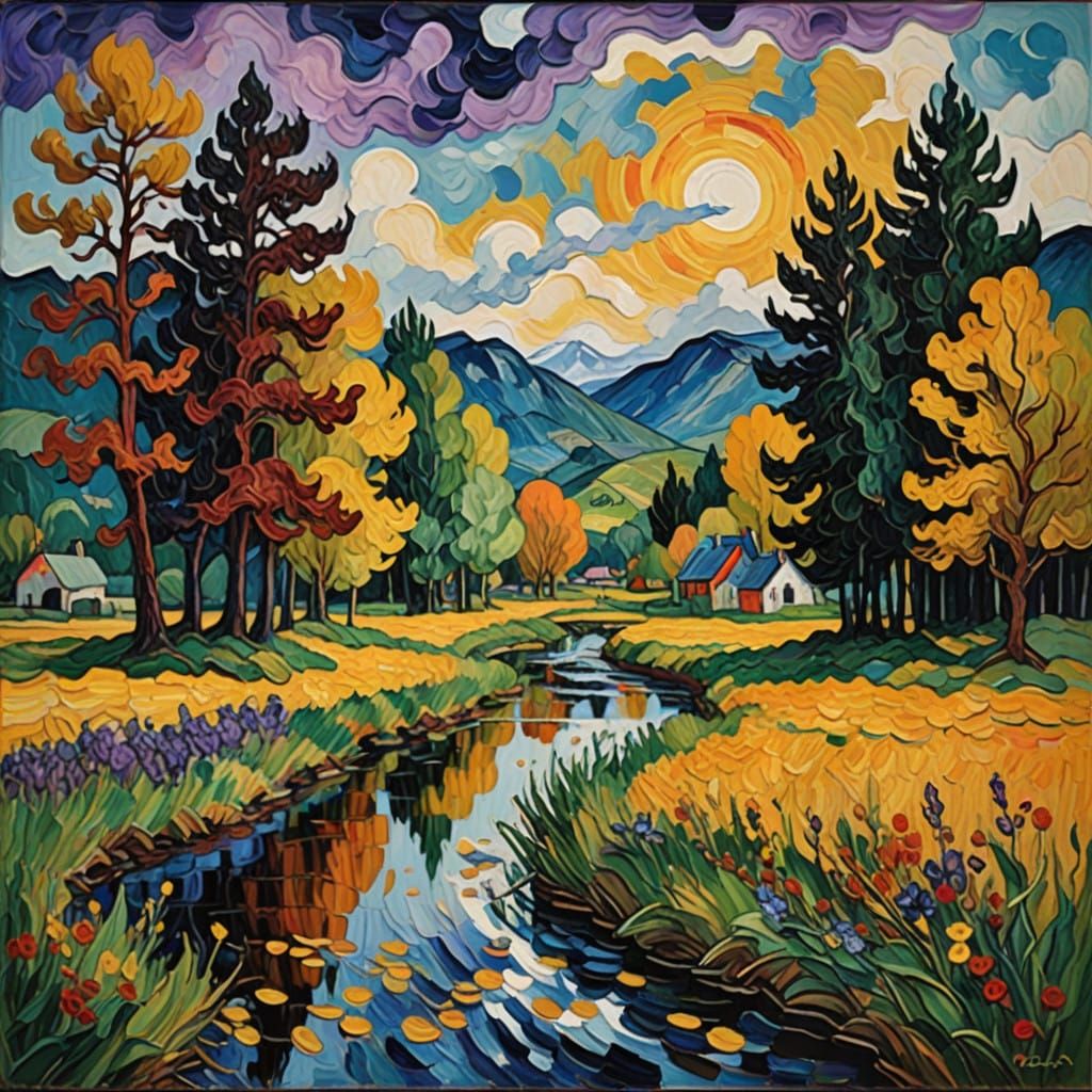 Expressive Landscape in Violet-Black, Oil Paints and Palette