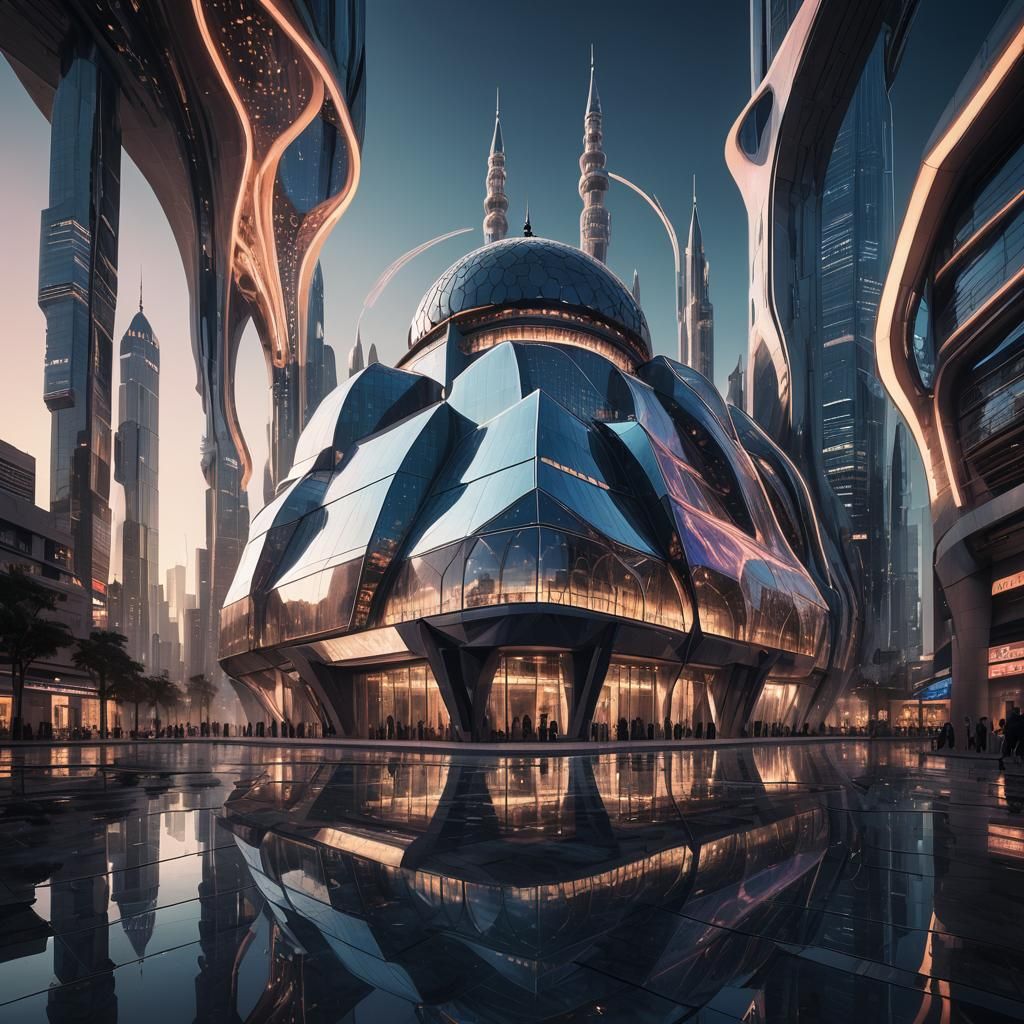 Cyberpunk Mosque in Parametric Style at Dusk