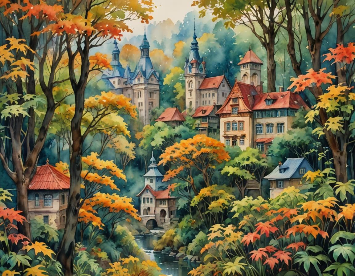 Lush Jungle Town in Autumn: Jugend Watercolor Painting