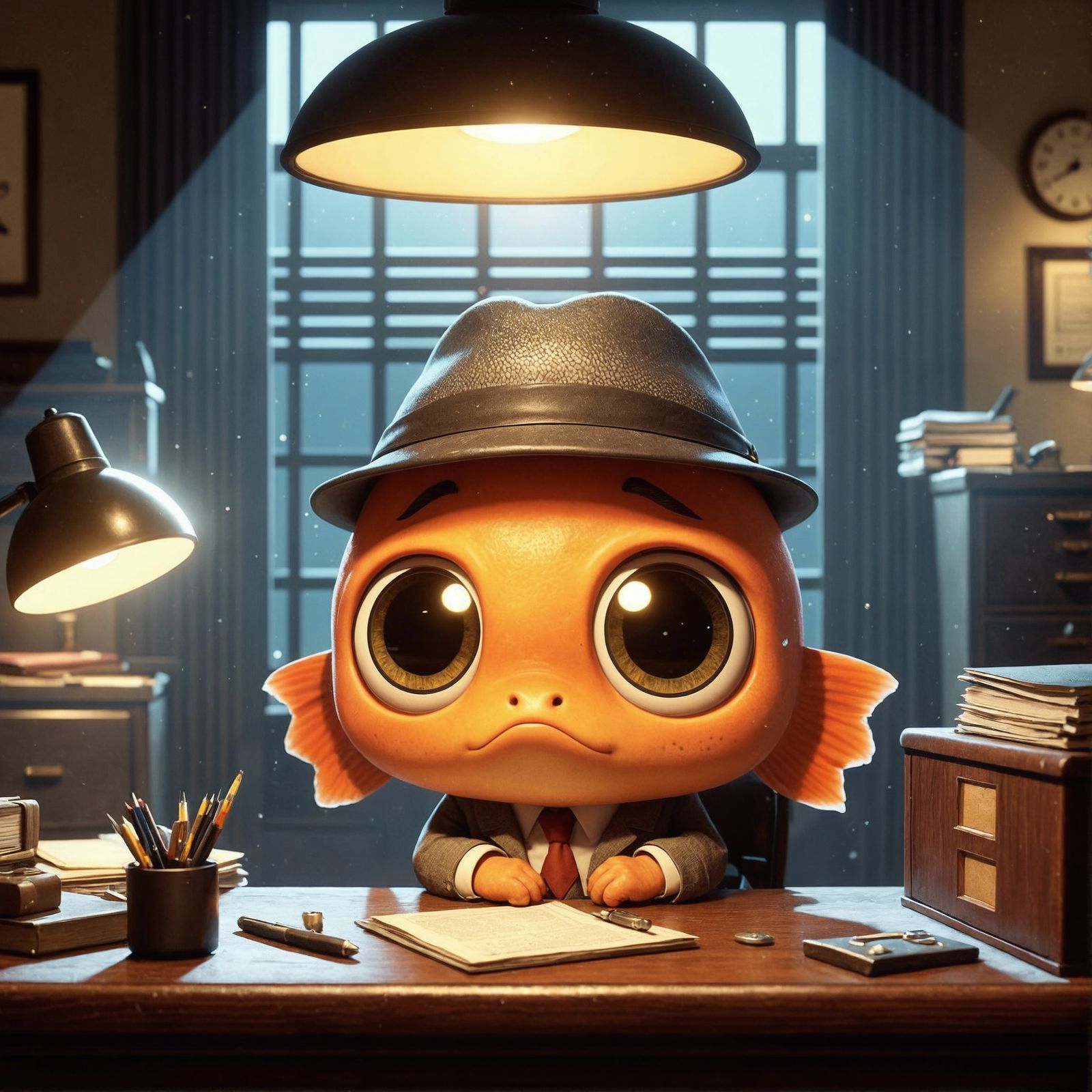 Cartoon Fish Detective in Office at Night