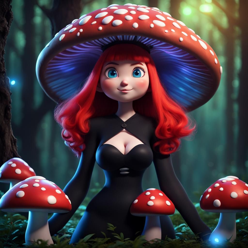 Anime Mushroom Woman in Magic Forest, 3D Art