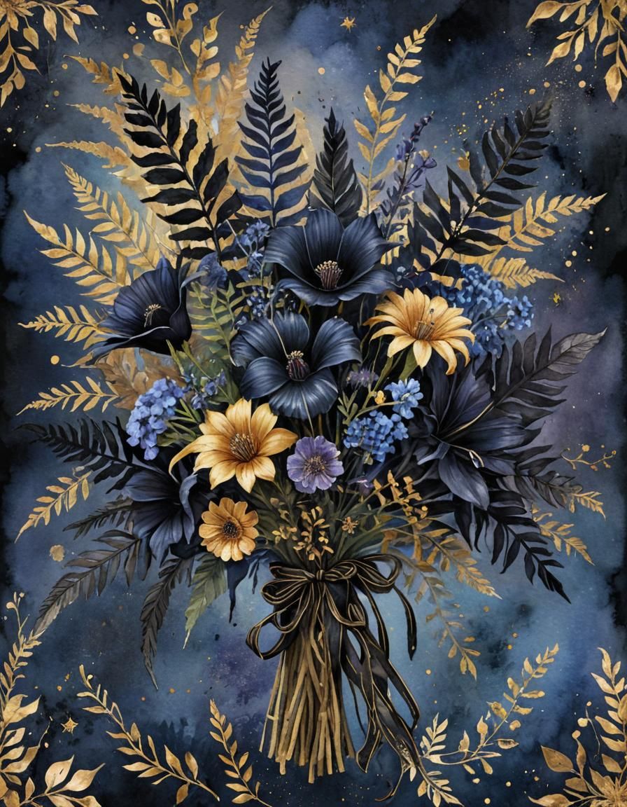 Watercolor Gothic Bouquet with Raven and Galactic Dust