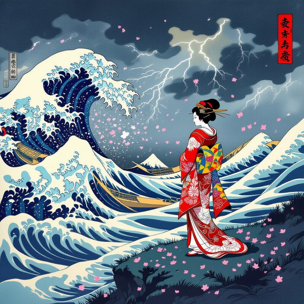 Geisha Gazing at Stormy Sea in Ukiyo-e Style