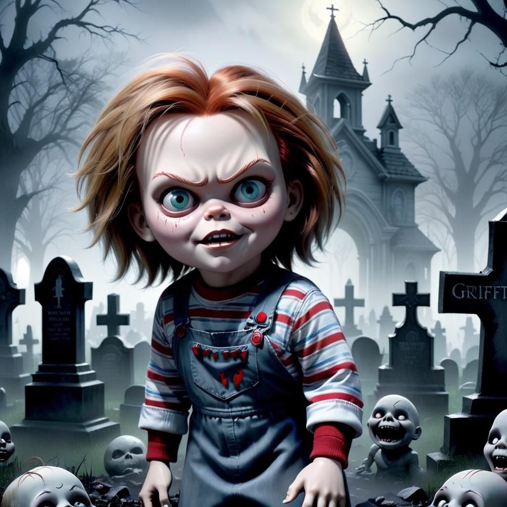 Chucky in a Spooky Graveyard, Cinematic Digital Art
