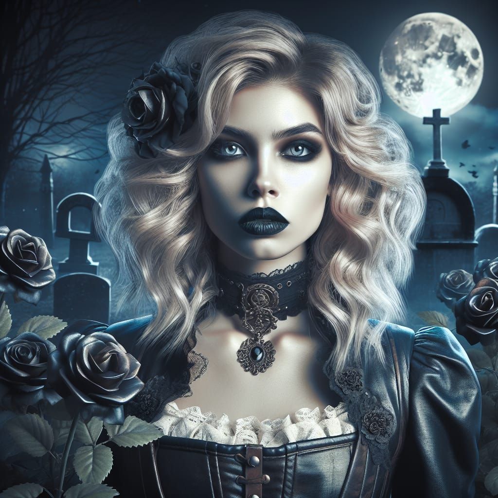 Steampunk Widow in Graveyard with Black Roses