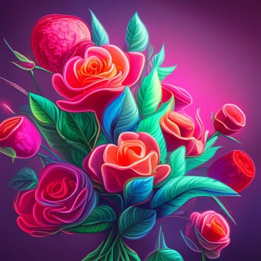 Neon Roses Bouquet in Synthwave Style