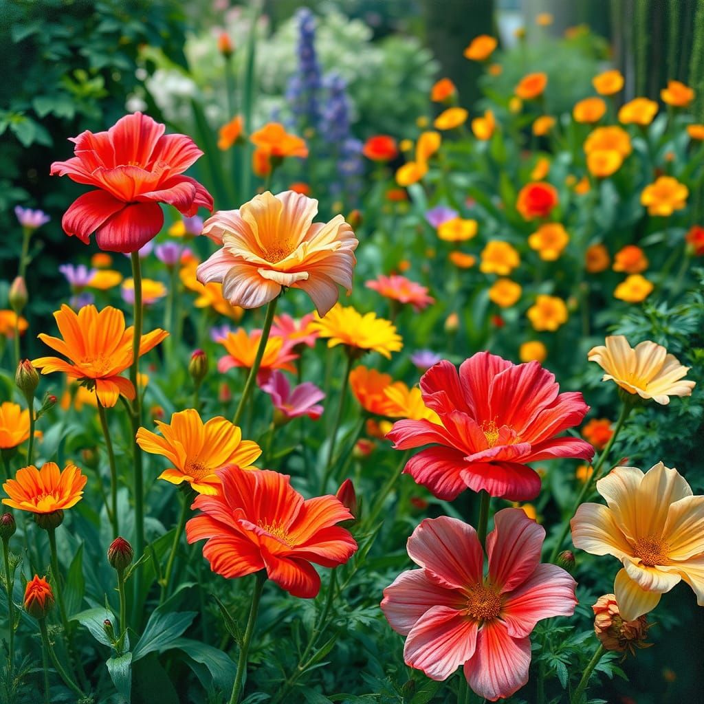 Vibrant Flowers in Lush Garden, Impressionistic Style