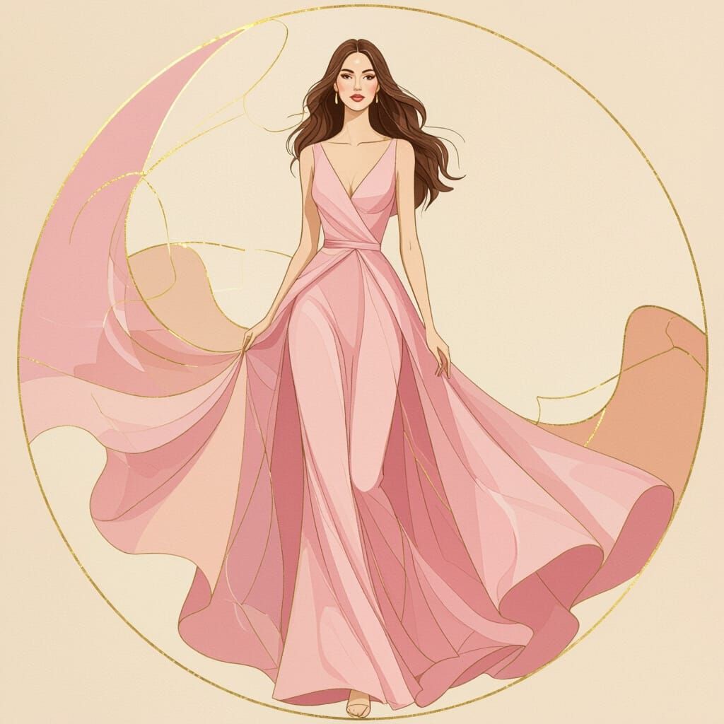 Abstract Pink Woman in Pastel Colors with Gold Outline