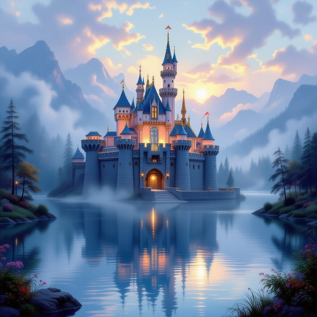 Majestic Castle on Serene Lake with Ethereal Mist