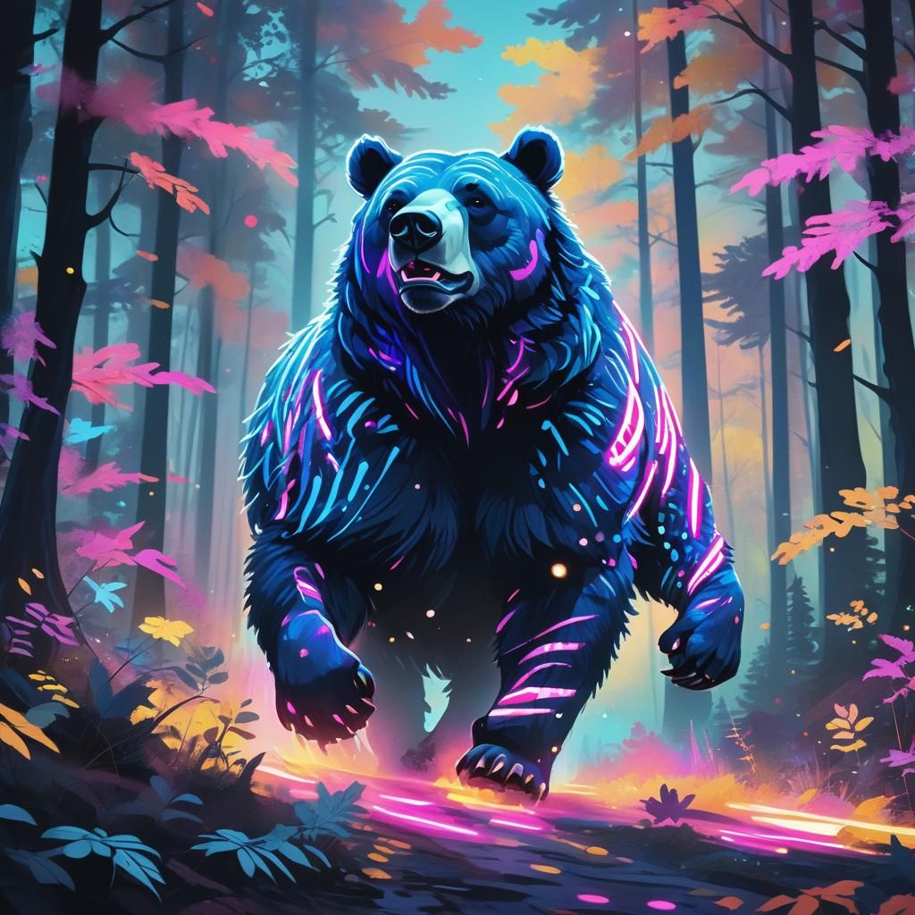 Neon Synthwave Bear in Autumn Forest