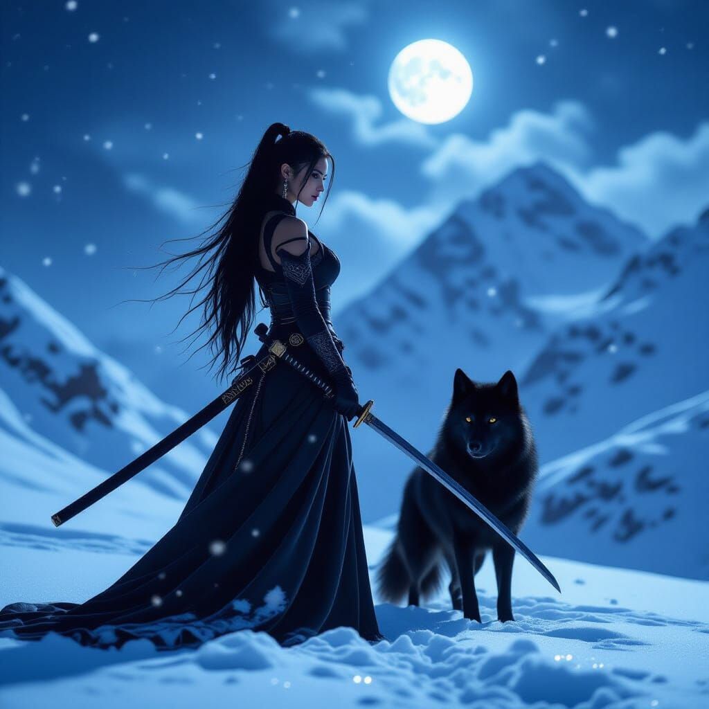 Woman with Katana and Wolf on Snowy Mountain Under Moonlight