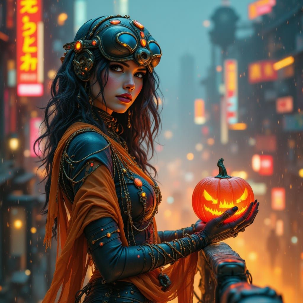 Futuristic Mummy Pin-Up in Cyberpunk City