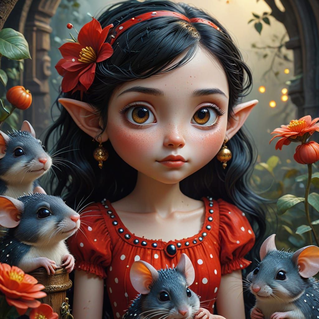 Cute Elf girl with mice friends