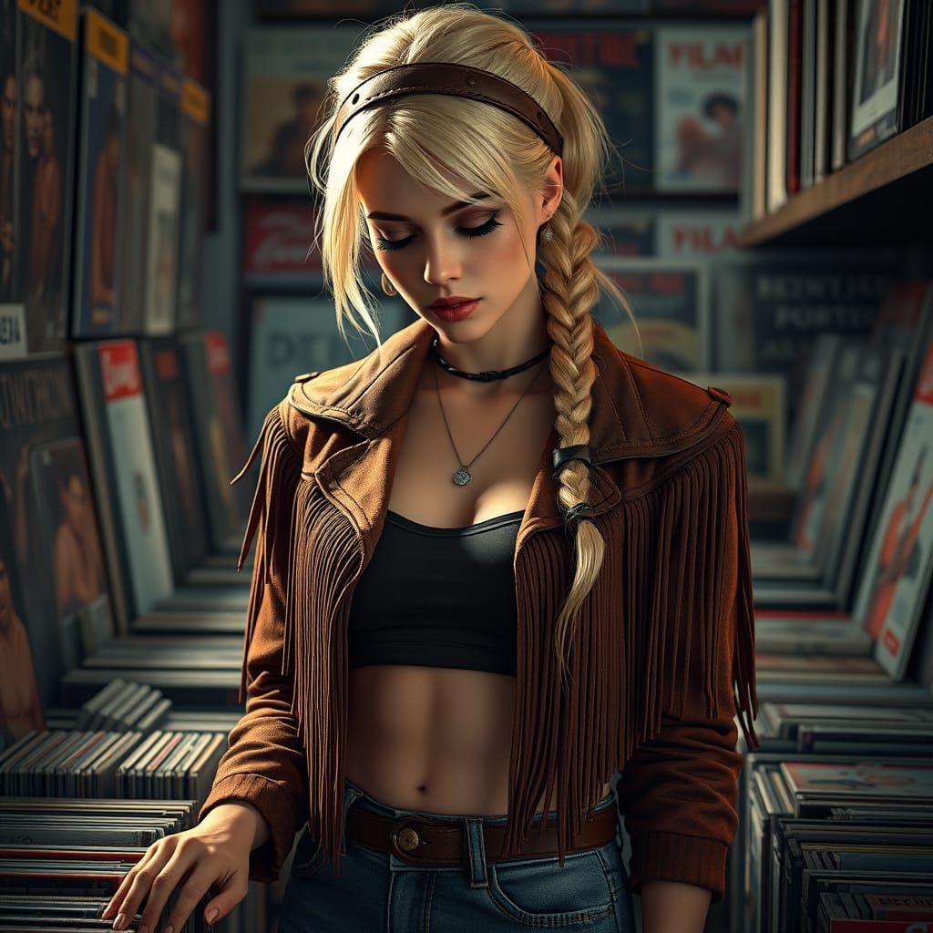 Blonde Lady amidst Vibrant Vinyl Collection