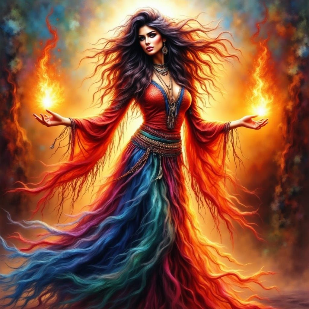 <lora:Beautiful women:1.0> beautiful stunning gypsy woman dancing by firelight magical mystical enchanting fantasy acryl...