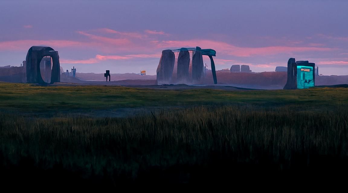 Stonehenge at Dusk in Retro-Futuristic Style