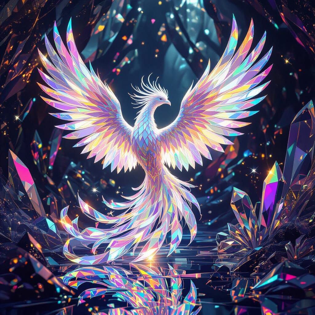 Ethereal Crystal Phoenix in Otherworldly Landscape