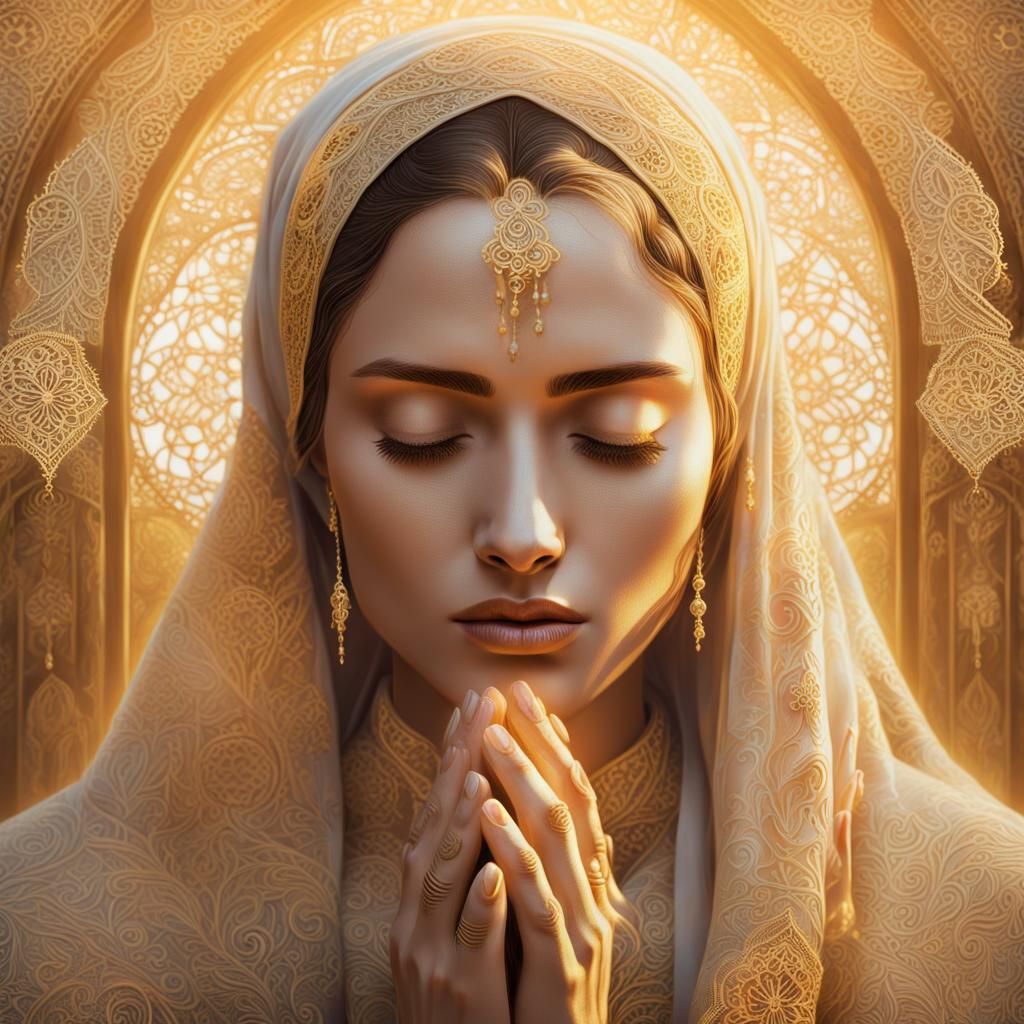 Whimsical Fantasy Portrait of a Young Woman in Prayer